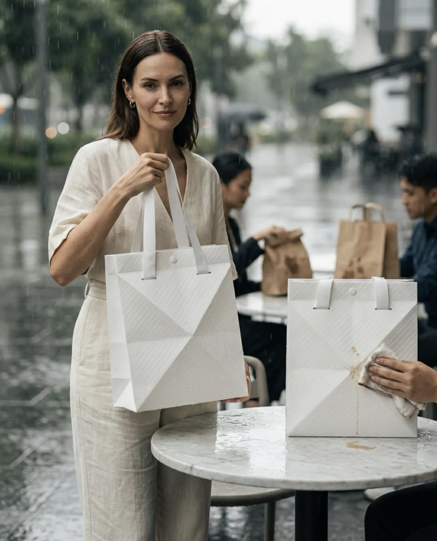 Bolsa NotPaper. utilizado bajo la lluvia en un contexto minorista premium