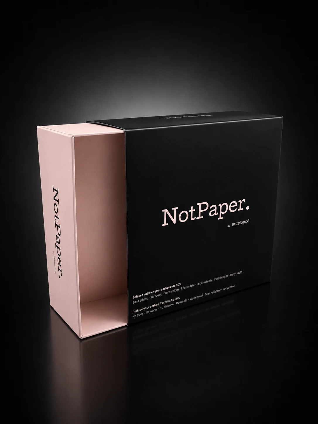 Prototype coffret NotPaper noir et rose entrouvert