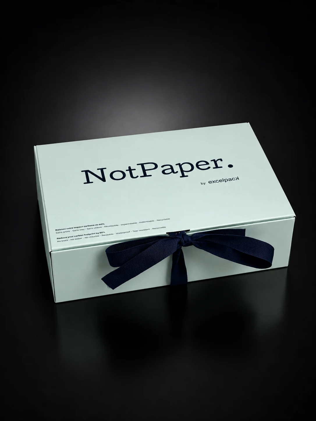 Prototype coffret NotPaper vert pâle avec ruban bleu