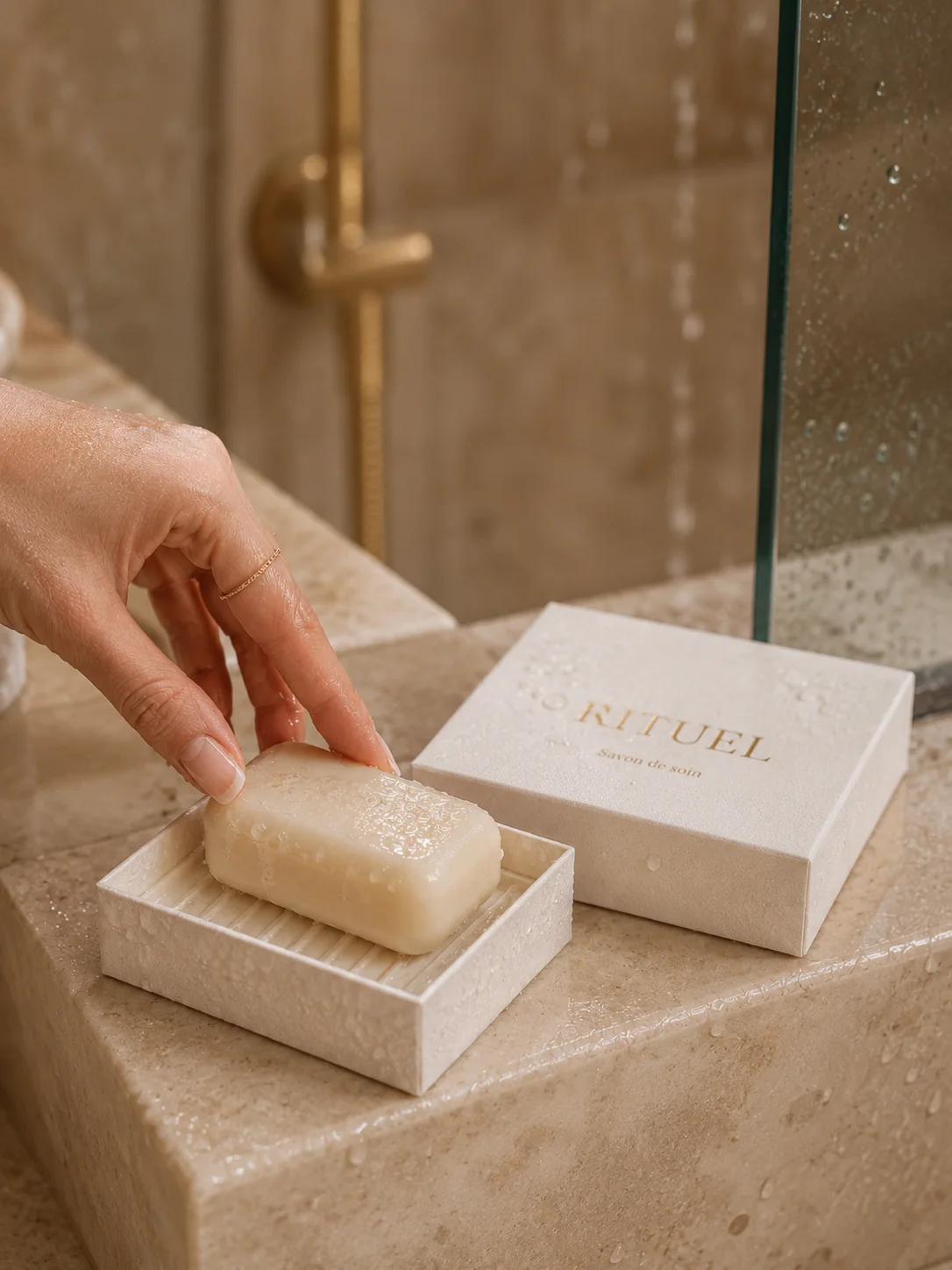 Wet soap placed on a grooved NOTPAPER support in a premium bathroom