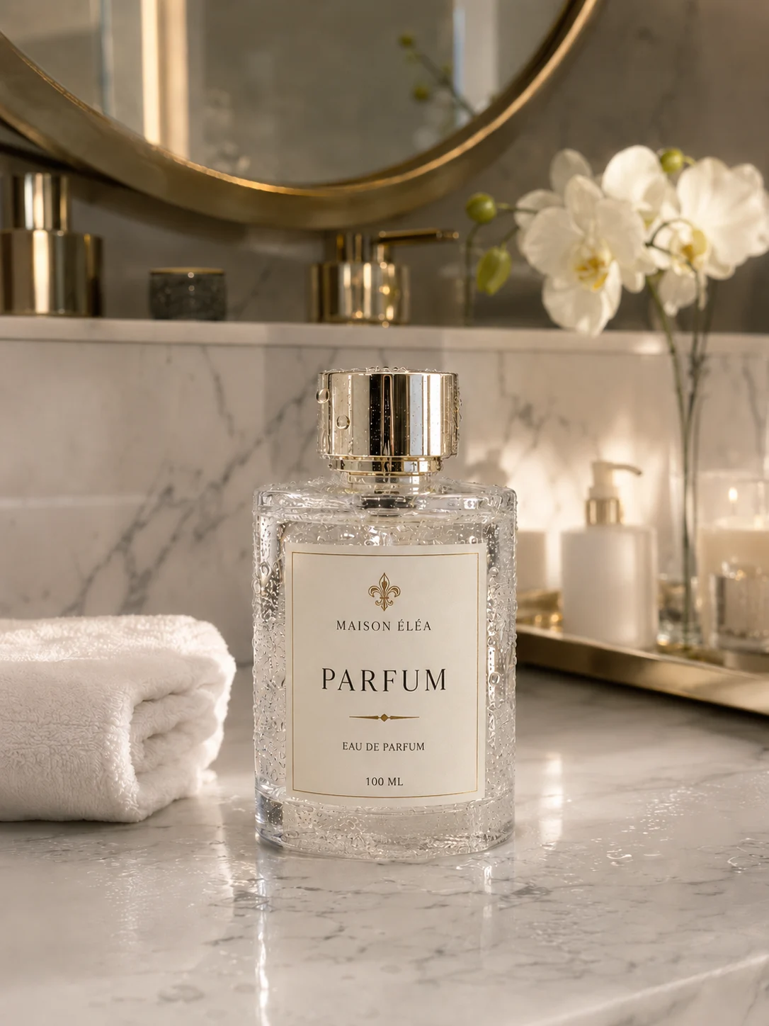 Flacon de parfum à étiquette NotPaper sur un plan de vasque en marbre