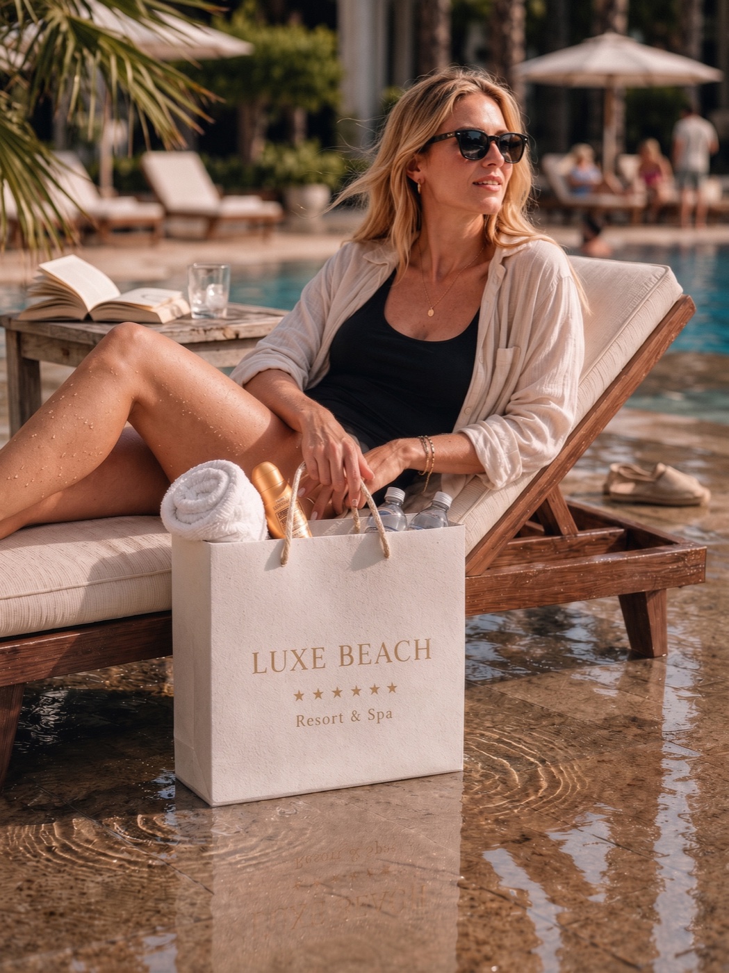 Cliente installée au bord d'une piscine avec un sac de séjour premium pour resort et spa