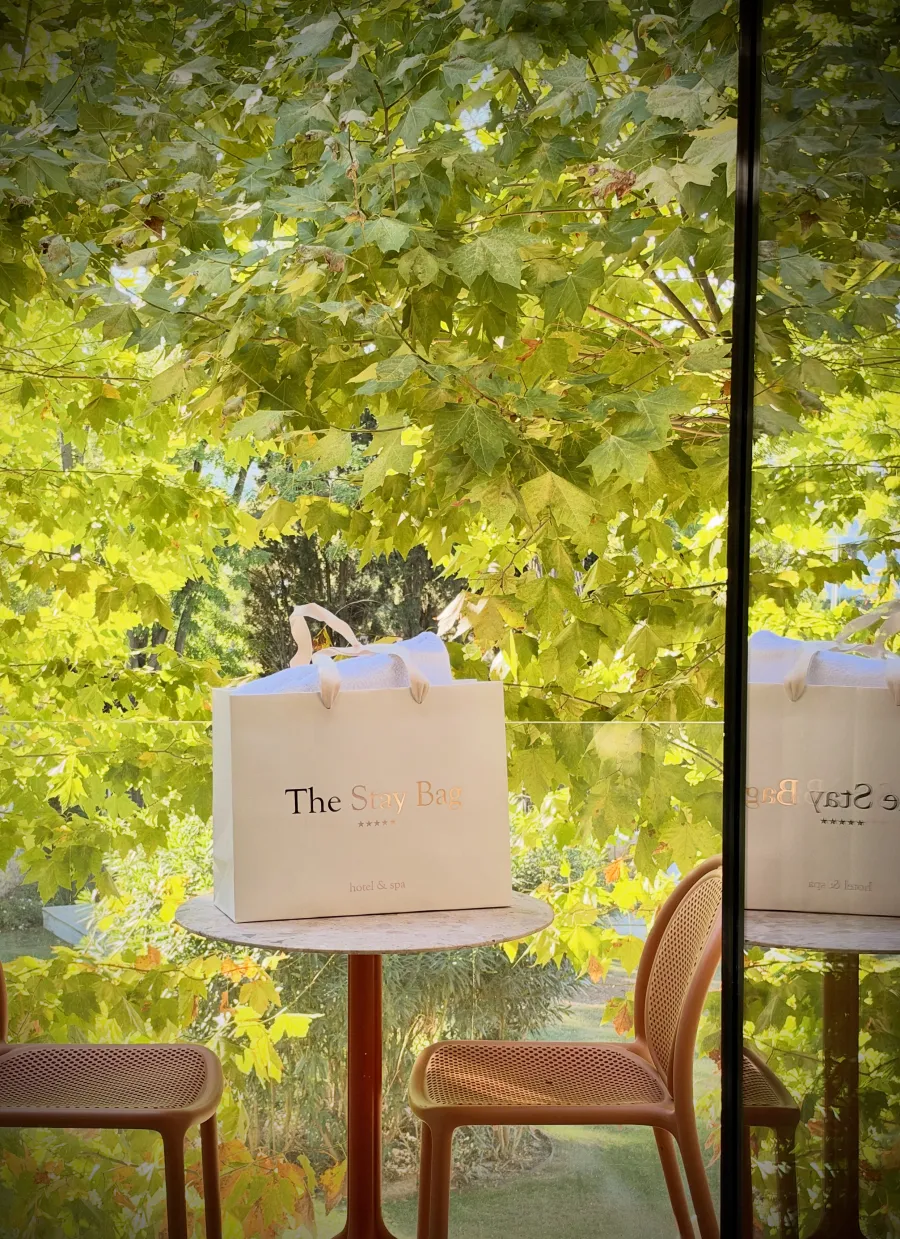 The Stay Bag sur une table en terrasse, devant la végétation